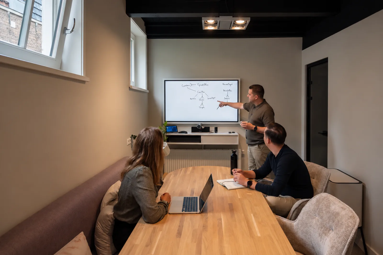 Het team van Maira in overleg voor het whiteboard